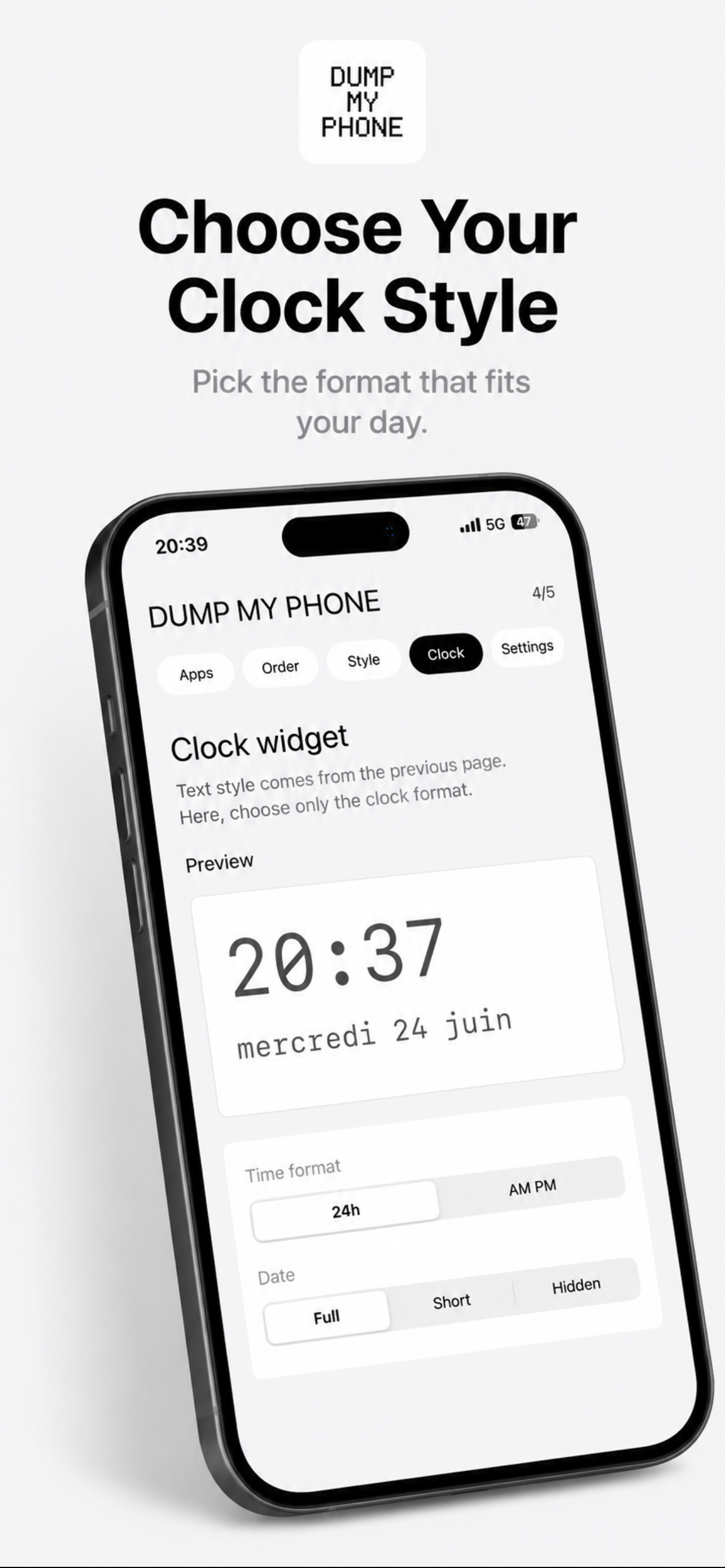 Choix du style d'horloge dans Dumb My Phone